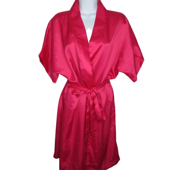 Vintage 80s Night Magic Hot Pink Kimono Robe Medium Knee Length Belted USA Made - Picture 2 of 10